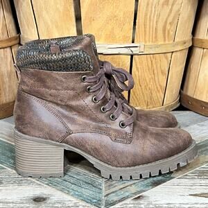 B52 Bull Boxer Kara Brown Faux Leather Chunky Heel Zip Ankle Boots Womens Size 9